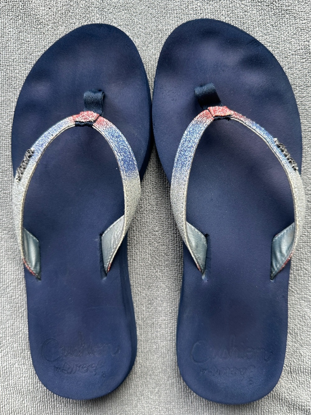Reef Cushioned Navy Flip Flops with Red, Silver & Blue Glitter Straps - Size 8